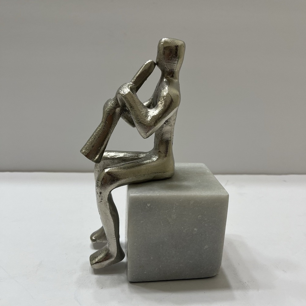 Silver Color Metal Sitting Musician Modern Accent Decor with Marble Base Silver